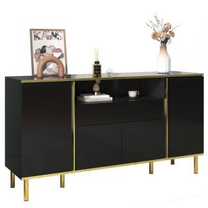 Buffet Noire Brillante 150x40x80cm - 1 Tiroir - Commode chambre &eacute;l&eacute;gante rangement moderne design brillant