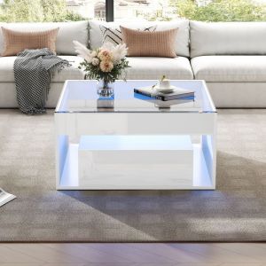 Table Basse Carr&eacute;e - 70x70x35cm - avec Plateau en Verre Tremp&eacute; & 2 Tiroirs - LED RVB Connect&eacute; par App pour Salon - Blanc Laqu&eacute;