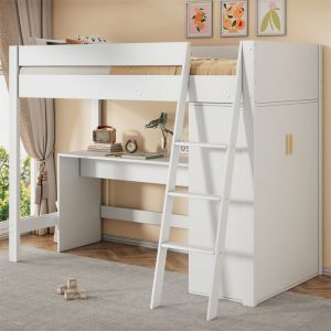 Lit Mezzanine Enfant Lit Mezzanine 1 Place Bureau et Armoire Échelle Modulable selon vos Besoins Bois Massif Blanc 90x200cm
