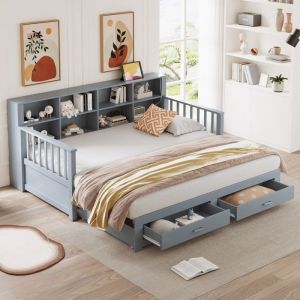 Canap&eacute; - lit extensible en bois massif 90 / 180x190 cm casier avec prise de charge au dos avec 2 tiroirs et cadre &agrave; lattes lit