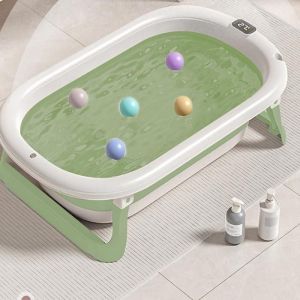 XUANYU .Baignoire Bebe Pliable  - Bain b&eacute;b&eacute; - Pour Bain Douche Begnoire Enfant-Avec Thermom&egrave;tre Digital + Coussin Support - Vert