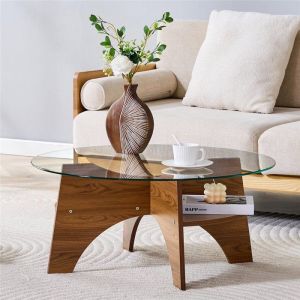 Table de Salon Ronde avec Verre pour Table Basse Table Basse Transparente Moderne avec Pieds Bois Noyer et Compartiment 80x80x36 cm