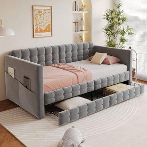 Lit Banquette 90&times;190 cm Capitonn&eacute; avec 2 Tiroirs et Poches Lat&eacute;rales pour Chambre Ado - Velours M&eacute;tal MDF - Gris - sans Matelas