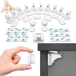 10 Bloque Porte Enfant Cachée Bloque Tiroir Sécurité Bebe Enfant Placard et Tiroir avec 2 Clés Magnétique et Outils dinstallation