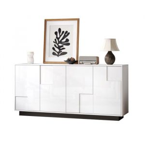 Buffet-Bahut Salon Blanc & Noir 160x37x755cm 4 Portes Laqu&eacute; Brillant Formes G&eacute;om&eacute;triques Grand Espace De Rangement Moderne