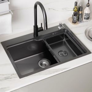 Évier Cuisine Inox 68x48x21CM Évier 1 Bac Gris foncé avec Panier Distributeur de savon et Kit de Vidange pour Armoire de 80 cm