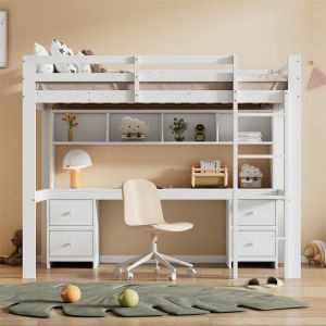 Lit superpos&eacute; enfant 90 x 200 cm blanc avec bureau rangements et escalier &mdash; pin massif (sans matelas)