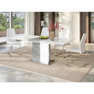 Table à manger extensible - 6 à 8 personnes - MDF - Coloris : Blanc laqué et béton - EREN