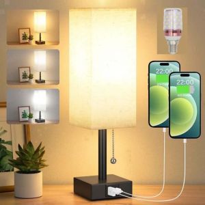 Lampe de Chevet à Intensité Variable 3 Couleur (2700/3500/5000K) avec Ports de Charge USB-A+C Ampoule LED Interrupteur à Chaînette