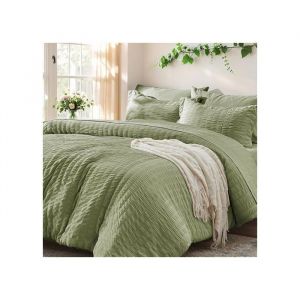 Parure de lit - Luofanfei Seersucker - 220x240 + 2x80x80 - Microfibre seersucker r&eacute;versible - Vert sauge