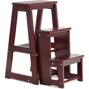 GOPLUS Tabouret d’Escabeau 3 Marches en Bois de Pin57 x 39 x 65 CM Tabouret dEchelle Pliable (Brun)