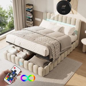 Lit Coffre 160 x 200 CM avec SommierLit deux place avec LED et USBLit 160 x 200 avec Rangement soussouche darbreLinBeige