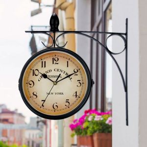 Horloge de gare double face r&eacute;tro vintage fer forg&eacute; r&eacute;sistante aux intemp&eacute;ries horloge murale suspendre jardin ext&eacute;rieur 33x31 cm