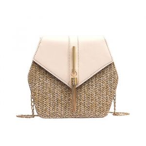 1pc Tissé Sac en rotin Hexagonal Sac à bandoulière en cuir souple Pu Splice Sac naturel Chic main paille Sac bandoulièreBeige