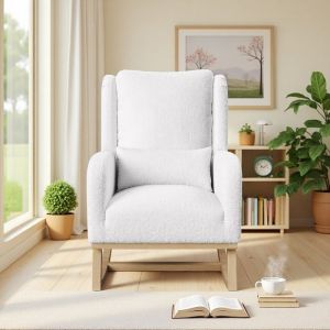 Fauteuil &agrave; bascule Rocking chair en tissu velours Teddy - Blanc - Style scandinave moderne - pieds en bois massif pour Salon