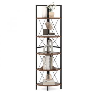 GOPLUS Étagère d’Angle à 5 Niveaux 160CM-Cadre en Métal-Kits Anti-basculement-Supports en Forme de X-Charge 60KG Marron