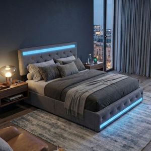 Lit rembourré 140 x 200 cm en lin 2 places lit adulte avec rangement éclairage LED et 4 tiroirs USB/Type-C - Blanc