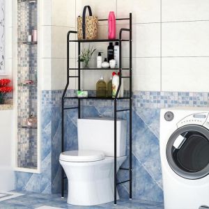 Etag&egrave;re de salle de bain Royalbell meuble de rangement au-dessus des toilettes wc ou lave-linge avec 3 tablettes en m&eacute;tal laqu&eacute; noi