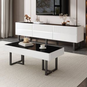 Ensemble Meuble TV et Table Basse 170&times;35&times;47+110&times;50.5&times;41cm Banc TV avec Rangement Finition &agrave; Rayures Noir et Blanc pour Salon