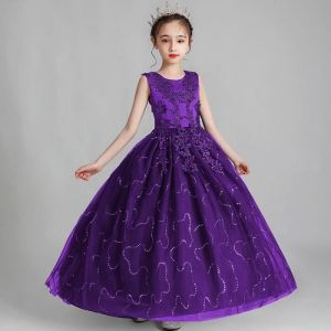 Robe de Soirée de Mariage Fille Sans Manches en Tulle Robe Princesse Cérémonie Pour 4-14 Ans - Violet