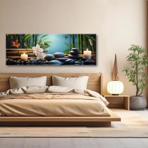Impression sur Toile Pierres Orchidée Bougies Tableaux Image Déco Murale Bureau Couloir Hôtel Spa Zen Spa Eau 120x40cm sans cadre