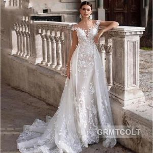GRMTCOLT® Ivoire Blanc Sirène 2 En 1 Tulle Mancherons Dos Nu Appliques Dentelle Train Amovible Robe De Mariée