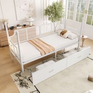 Canap&eacute;-lit 90x200 cm avec compartiment de rangement lit vintage en fer forg&eacute; cadre de lit adulte avec sommier &agrave; lattes blanc