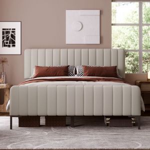 Lit double capitonn&eacute; 180 x 200 cm avec sommier &agrave; lattes et t&ecirc;te de lit r&eacute;glable lit capitonn&eacute; gris-beige tissu en lin