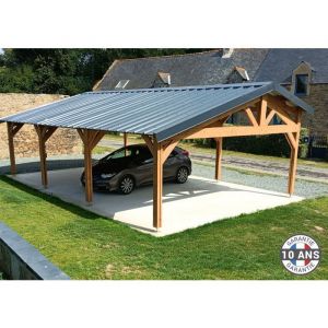 Carport Bois Douglas Fran&ccedil;ais 40 m&sup2; &ndash; 2 pentes faitage d&eacute;cal&eacute; &ndash; 8 poteaux &ndash; Abri voiture ext&eacute;rieur &ndash; Garantie 10 ans