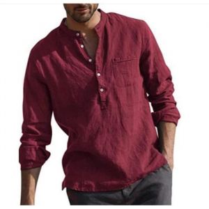 Chemise à manches longues en coton et lin pour homme - ECELEN - Coupe ample - Col chemise - Rouge