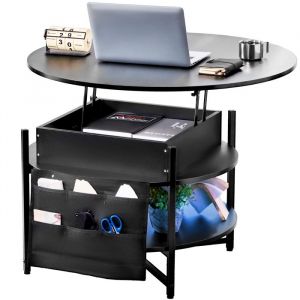 Table Basse avec Plateau Relevable - VEVOR - Table Basse Ronde de Salon avec LED - Sacs de Rangement Lat&eacute;raux - 90x90x51 cm - Noir