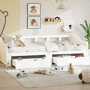 Canapé-lit extensible-90/180×200cm-lit enfants-lit simple fille avec 2 tiroirs-lit double avec sommier à lattes en bois-blanc