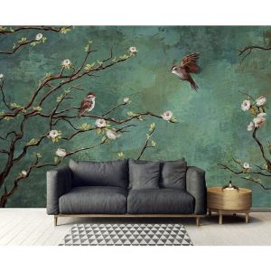 Papier Peint 3D Fleurs Et Oiseaux R&eacute;tro Papier Peint Panoramique 3D D&eacute;coration Murale 350x256cm Chambre Adulte Enfant Poster Mural