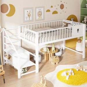 Lit mezzanine enfant - MERAX - Lit mezzanine bas avec escalier rangement - 90x200 - M&eacute;tal+MDF - Escalier avec rangements