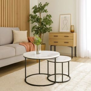 Ensemble de Table Basse Gigogne Ronde Oreo Lot de 2 Table Dextrémité de Canapé Marbré blanc