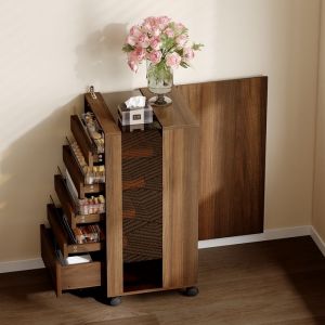 Chiffonnier Vitr&eacute; avec 5 tiroirs devant et &eacute;tag&egrave;res au dos Petite Commode &agrave; Roulettes Chambre et Salon 40x40x81 Marron