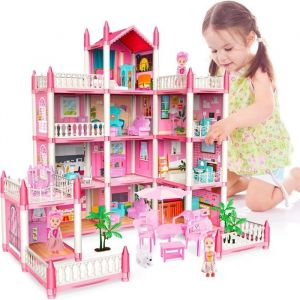 Maison de R&ecirc;ve pour Filles avec Poup&eacute;e et Lumi&egrave;re Maison de Poup&eacute;es pour Enfants avec Meubles Miniatures et Accessoires Rose