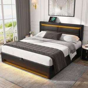 Lit coffre adulte capitonné 140 x 190 cm-Avec port USB & chargement sans fil éclairage LED multicolore-simili cuir PU noir