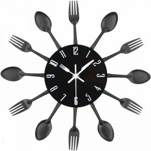 Horloge Murale - RNEMITERY - 3D Cuisine - Décoration Miroir Noir - Couverts - Silencieuse