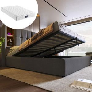 Lit double 160x200cm avec chargement sans fil USB Clit adulte cadre de lit avec rangements sommier à lattes et matelascoton gris