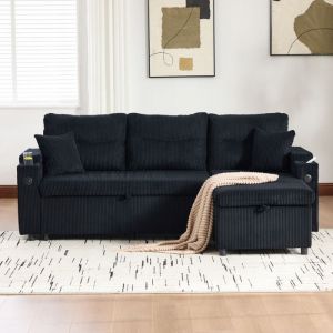 Canap&eacute; convertible 3 places porte-gobelets ports USB-C. M&eacute;ridienne hydraulique canap&eacute;-lit rangement Velours c&ocirc;tel&eacute; noir