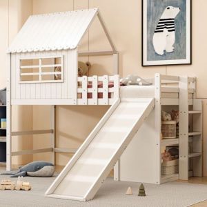 Lit mezzanine 90x200 cm avec &eacute;chelle et toboggan de s&eacute;curit&eacute; Lit enfant avec compartiments de rangement Lit simple en bois Blan