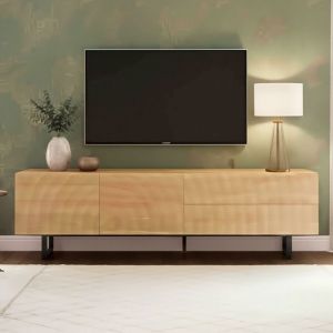 Meuble TV 180cm - 2 Portes 2 Tiroirs - Fa&ccedil;ade Texture 3D Vague - Style Scandinave - Pieds M&eacute;tal - Bois Naturel