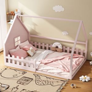 Lit enfant 140x200 cm lit plat lit cabane (sans matelas) avec barrières de sécurité pin rose