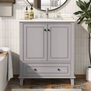 Meuble sous vasque 76x46x87cm r&eacute;sistant &agrave; lhumidit&eacute; et &agrave; leau avec vasquevasque en c&eacute;ramique int&eacute;gr&eacute;e-espace de rangementgris