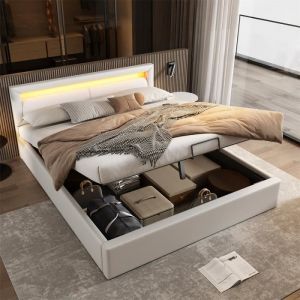 DRIPEX Lit adulte 140&times;200cm en cuir artificielSommier et t&ecirc;te de lit avec LED inclusLit rembourr&eacute; avec espace de rangementBlanc
