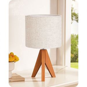 EDISHINE Lampe de chevet en bois lampe de table avec abat-jour en lin ampoule LED E27 incluse 36 x 20 x 20 cm tr&eacute;pied base orange