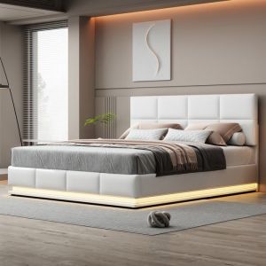 Lit capitonné Lit coffre 180x200 cm Lit double avec éclairage LED et rangement à levage hydraulique Sommier à lattes - blanc