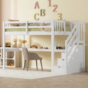 Lit Superposes 90 x 200 Lit surélevé pour enfants avec tiroirs de rangement et bureau sous le  fille (sans matelas)