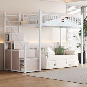 Lit Mezzanine 90X200 cm en M&eacute;tal Barri&egrave;re de Avec Conception de Fen&ecirc;tre Lit Adulte avec &Eacute;chelle de S&eacute;curit&eacute; avec Casiers Blanc